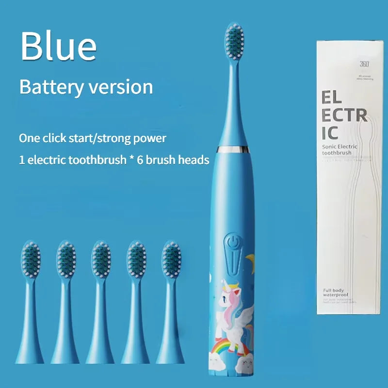 Children'S Electric Toothbrush with 5 Replacement Heads Kids Cartoon Ultrasonic Sonic Battery Tooth Brushes Electric Toothbrush
