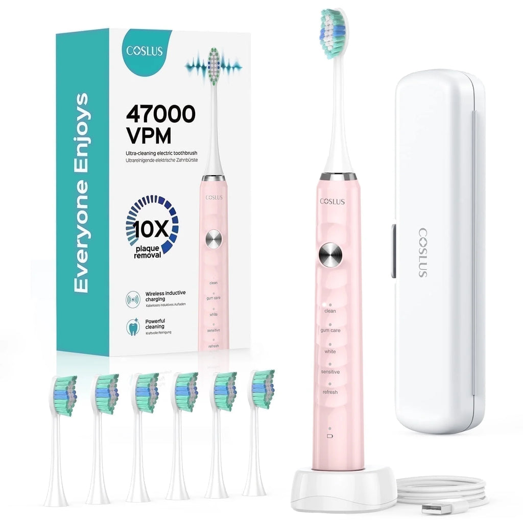 CX40 Electric Toothbrush for Adults and Teen,Wireless Rechargeable Tooth Brush,Youth with Portable Travel Case,5 Modes 47000 Vpm Power Toothbrushes 6 Brush Heads ,70Day Battery Life Pink