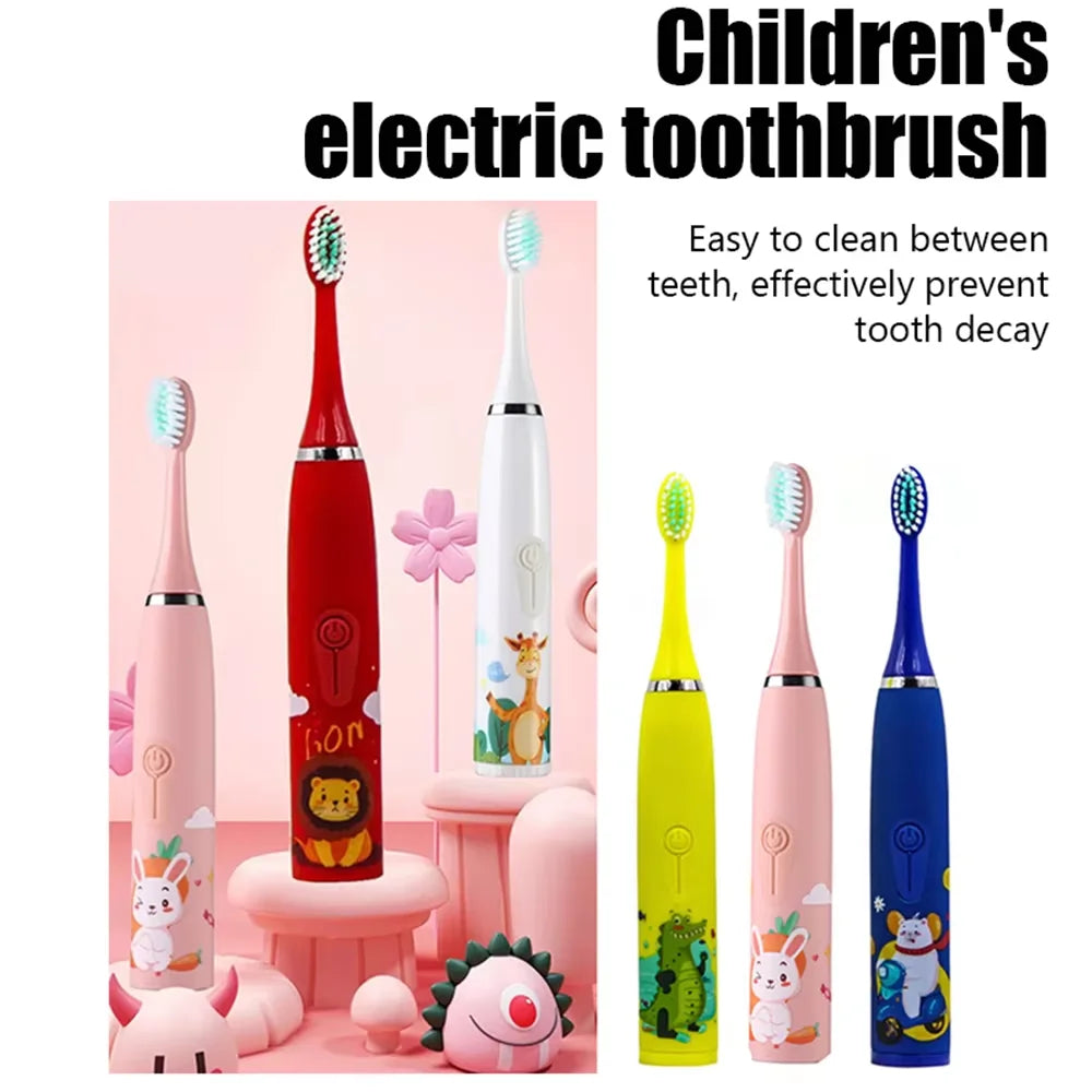 Children'S Electric Toothbrush with 5 Replacement Heads Kids Cartoon Ultrasonic Sonic Battery Tooth Brushes Electric Toothbrush