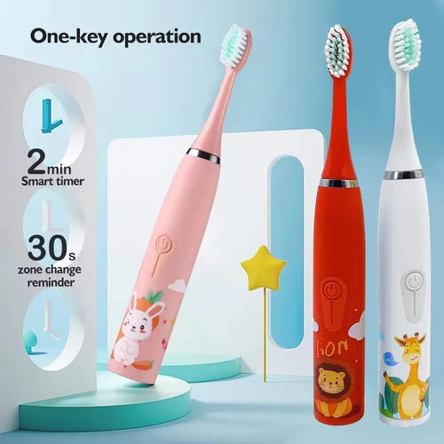 Children'S Electric Toothbrush with 5 Replacement Heads Kids Cartoon Ultrasonic Sonic Battery Tooth Brushes Electric Toothbrush