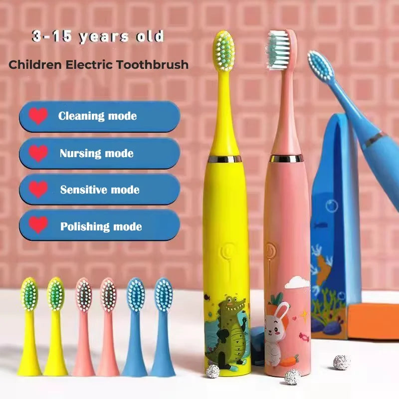 Children'S Electric Toothbrush with 5 Replacement Heads Kids Cartoon Ultrasonic Sonic Battery Tooth Brushes Electric Toothbrush